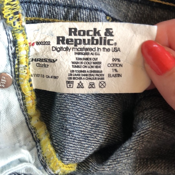 Rock & Republic Y2k 2000s Dark Wash Neon Yellow Low Rise Cropped Jeans Capris 28 - Picture 10 of 10